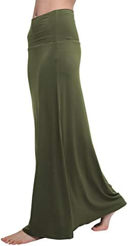 Stylish Spandex Comfy Fold-Over Flare Long Maxi Skirt, Army Green