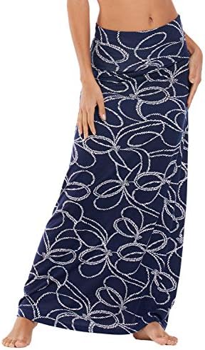 Stylish Spandex Comfy Fold-Over Flare Long Maxi Skirt, Blue And White
