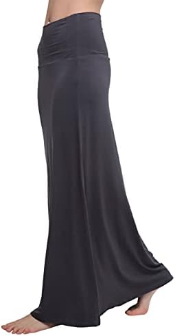 Stylish Spandex Comfy Fold-Over Flare Long Maxi Skirt, Dark Shadow
