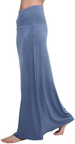 Stylish Spandex Comfy Fold-Over Flare Long Maxi Skirt, Greyish Blue