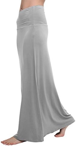 Stylish Spandex Comfy Fold-Over Flare Long Maxi Skirt, Light Gray