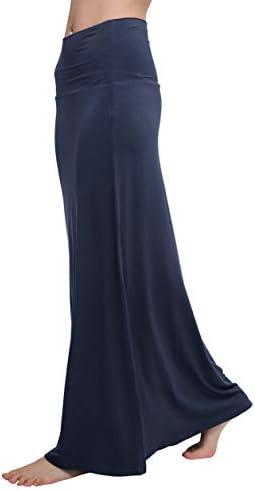 Stylish Spandex Comfy Fold-Over Flare Long Maxi Skirt, Navy Blue