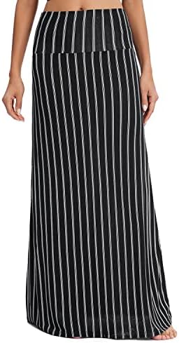 Stylish Spandex Comfy Fold-Over Flare Long Maxi Skirt, Print #15