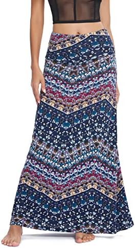 Stylish Spandex Comfy Fold-Over Flare Long Maxi Skirt, Print #16