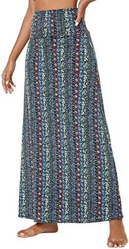 Stylish Spandex Comfy Fold-Over Flare Long Maxi Skirt, Print #17