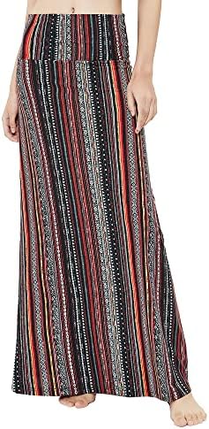 Stylish Spandex Comfy Fold-Over Flare Long Maxi Skirt, Print #19
