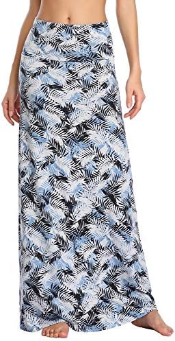 Stylish Spandex Comfy Fold-Over Flare Long Maxi Skirt, Print #4