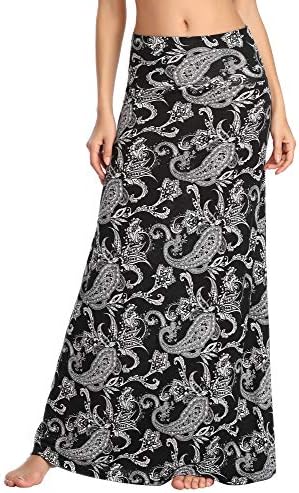 Stylish Spandex Comfy Fold-Over Flare Long Maxi Skirt, Print #5