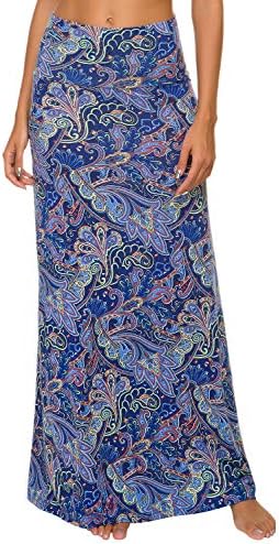 Stylish Spandex Comfy Fold-Over Flare Long Maxi Skirt, Print #7