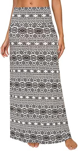 Stylish Spandex Comfy Fold-Over Flare Long Maxi Skirt, Print #8
