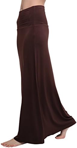 Stylish Spandex Comfy Fold-Over Flare Long Maxi Skirt, Rum Raisin