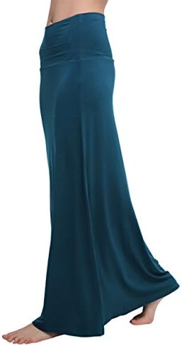 Stylish Spandex Comfy Fold-Over Flare Long Maxi Skirt, Steel Blue