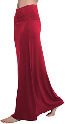 Stylish Spandex Comfy Fold-Over Flare Long Maxi Skirt, Wine Red