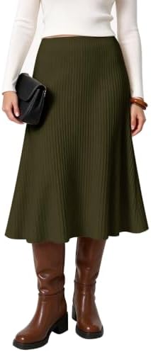 Summer A-Line Flared Midi Skirt Elastic Waist Stretchy Casual Skirts Below Knee, Army Green