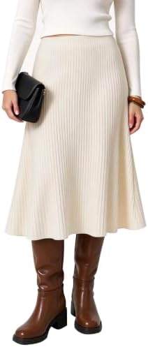 Summer A-Line Flared Midi Skirt Elastic Waist Stretchy Casual Skirts Below Knee, Beige