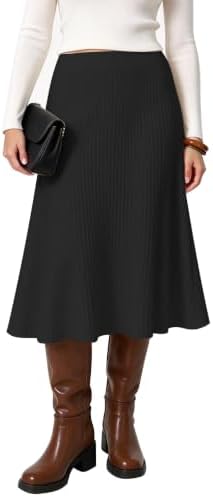Summer A-Line Flared Midi Skirt Elastic Waist Stretchy Casual Skirts Below Knee, Black
