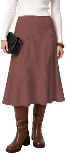 Summer A-Line Flared Midi Skirt Elastic Waist Stretchy Casual Skirts Below Knee, Brown