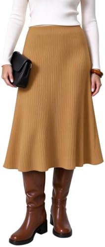 Summer A-Line Flared Midi Skirt Elastic Waist Stretchy Casual Skirts Below Knee, Camel