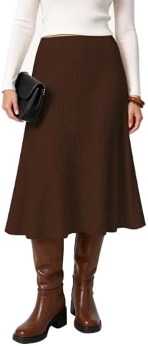 Summer A-Line Flared Midi Skirt Elastic Waist Stretchy Casual Skirts Below Knee, Coffee