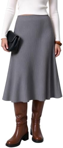 Summer A-Line Flared Midi Skirt Elastic Waist Stretchy Casual Skirts Below Knee, Dark Grey