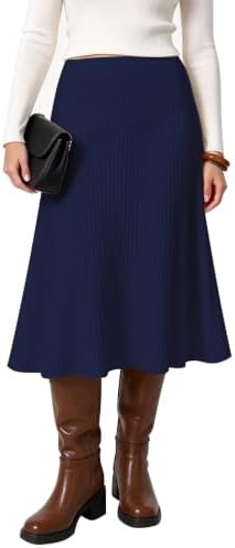 Summer A-Line Flared Midi Skirt Elastic Waist Stretchy Casual Skirts Below Knee, Navy Blue