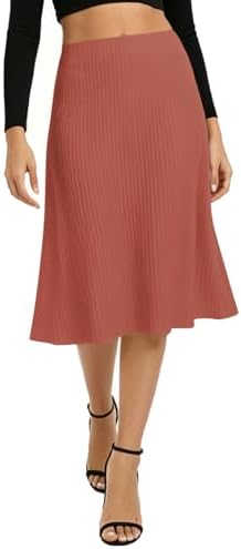 Summer A-Line Flared Midi Skirt Elastic Waist Stretchy Casual Skirts Below Knee
