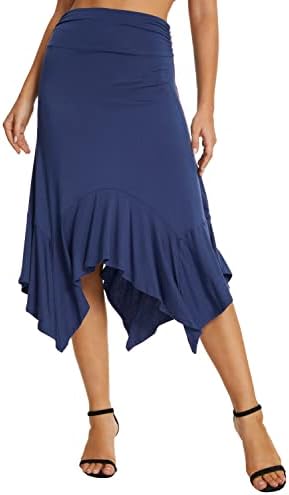 Summer Beach Skirt Stretchy Midi Skirt with Irregular Hem, Navy Blue