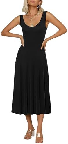 Summer Casual Sleeveless Flared Midi Dress Swing T-Shirt Dresses with Pockets, Black