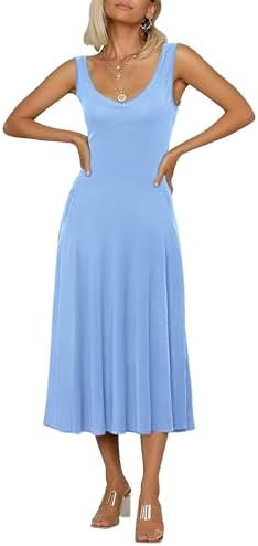 Summer Casual Sleeveless Flared Midi Dress Swing T-Shirt Dresses with Pockets, Blue