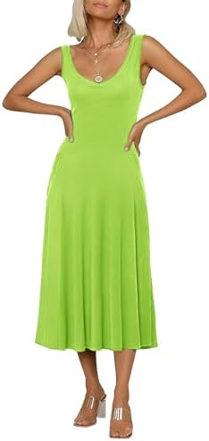 Summer Casual Sleeveless Flared Midi Dress Swing T-Shirt Dresses with Pockets, Candy Green