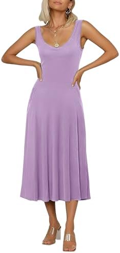 Summer Casual Sleeveless Flared Midi Dress Swing T-Shirt Dresses with Pockets, Lavender
