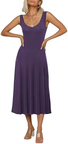 Summer Casual Sleeveless Flared Midi Dress Swing T-Shirt Dresses with Pockets, Purple