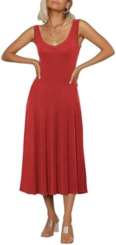 Summer Casual Sleeveless Flared Midi Dress Swing T-Shirt Dresses with Pockets, Red