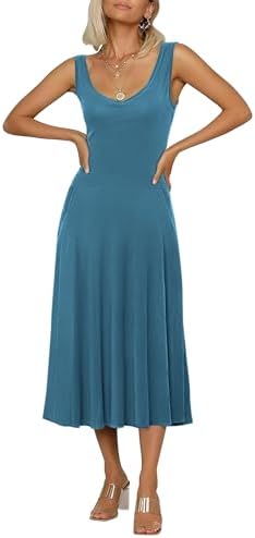 Summer Casual Sleeveless Flared Midi Dress Swing T-Shirt Dresses with Pockets