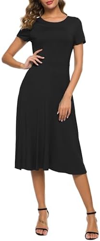Summer Casual T Shirt Dresses Floral Short Sleeve Flared Midi Dress, Black