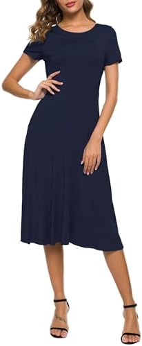 Summer Casual T Shirt Dresses Floral Short Sleeve Flared Midi Dress, Navy Blue