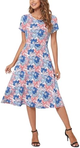 Summer Casual T Shirt Dresses Floral Short Sleeve Flared Midi Dress, Print #15