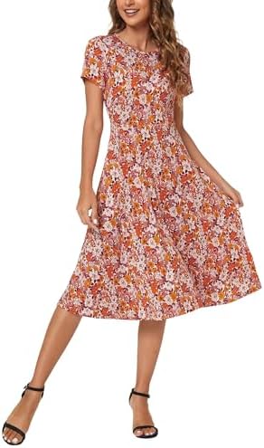 Summer Casual T Shirt Dresses Floral Short Sleeve Flared Midi Dress, Print #16