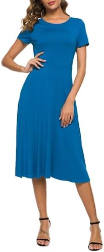 Summer Casual T Shirt Dresses Floral Short Sleeve Flared Midi Dress, Steel Blue