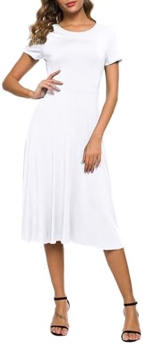 Summer Casual T Shirt Dresses Floral Short Sleeve Flared Midi Dress, White