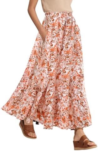 Summer Flowy Boho A-Line Pleated Maxi Skirt Elastic Waist Long Beach Skirts with Pockets