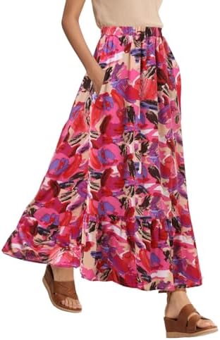 Summer Flowy Boho A-Line Pleated Maxi Skirt Elastic Waist Long Beach Skirts with Pockets, Print #1