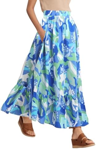 Summer Flowy Boho A-Line Pleated Maxi Skirt Elastic Waist Long Beach Skirts with Pockets, Print #2