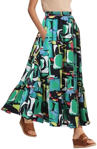 Summer Flowy Boho A-Line Pleated Maxi Skirt Elastic Waist Long Beach Skirts with Pockets, Print #3