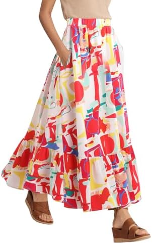Summer Flowy Boho A-Line Pleated Maxi Skirt Elastic Waist Long Beach Skirts with Pockets, Print #4