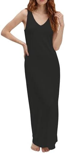 Summer Sleeveless V Neck Maxi Tank Dress Flowy Beach Vacation Sundress, Black