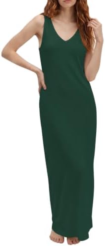 Summer Sleeveless V Neck Maxi Tank Dress Flowy Beach Vacation Sundress, Dark Green