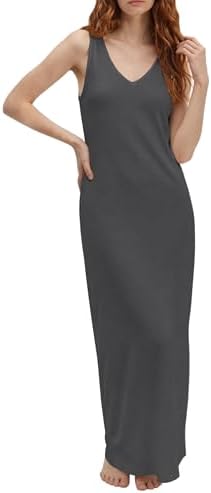 Summer Sleeveless V Neck Maxi Tank Dress Flowy Beach Vacation Sundress, Deep Gray
