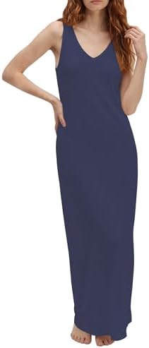 Summer Sleeveless V Neck Maxi Tank Dress Flowy Beach Vacation Sundress, Navy Blue