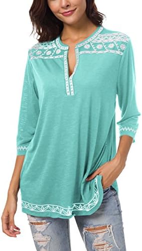 Summer Tops Boho V-Neck Embroidery Short Sleeve Blouses for Women Fashion, Light Blue